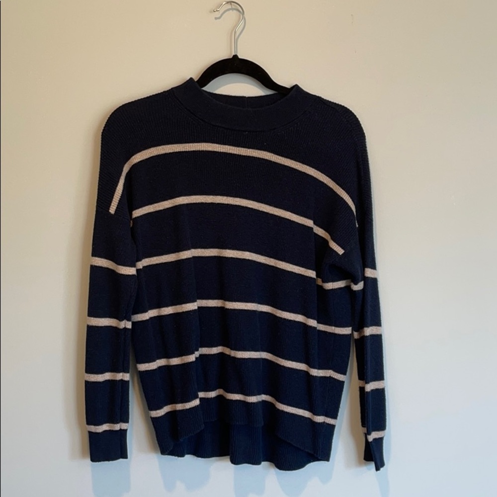 blue and beige striped sweater